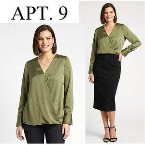 APT. 9, Stylish olive green long sleeve front crossover v-neck blouse
